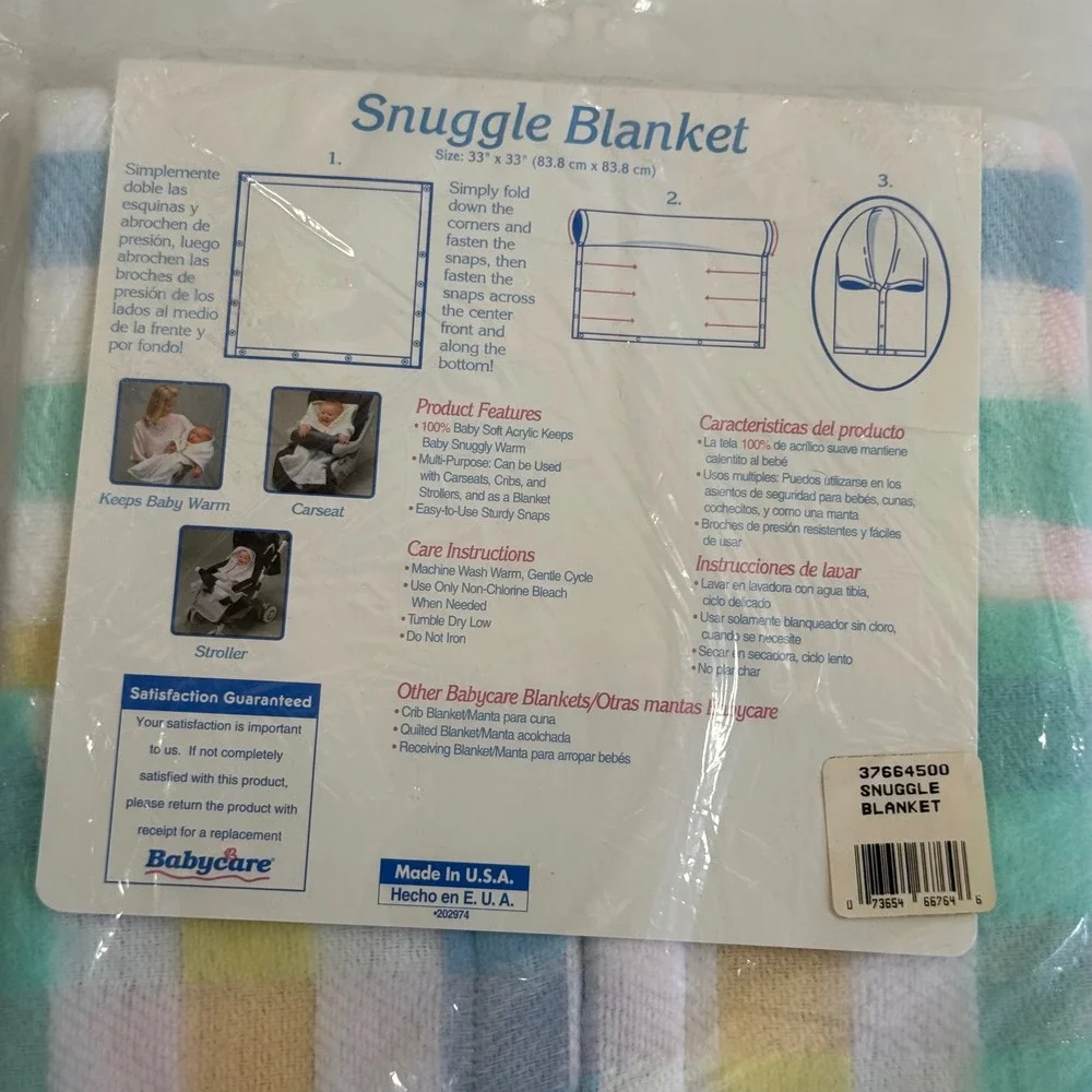 Vtg Babycare Snuggle Blanket Pastel Plaid Snap Wearable Swaddle Made in USA NEW